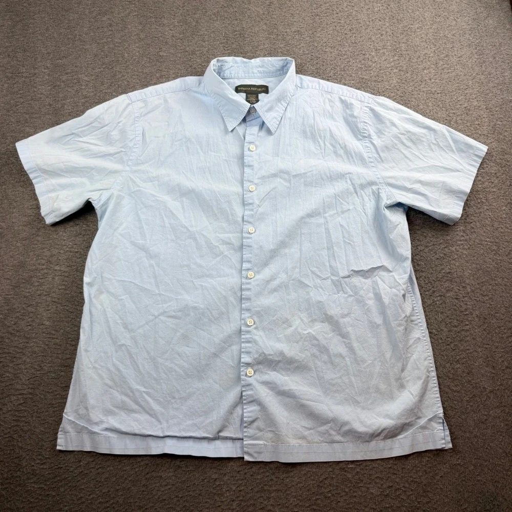Banana Republic Button Down Shirt Mens XL Blue Short Sleeve Stretch Cotton Lycra
